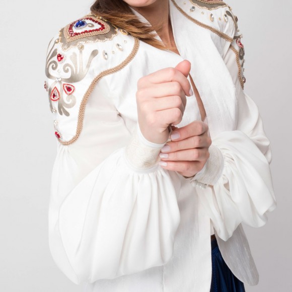 White silk jacket with decorated shoulders